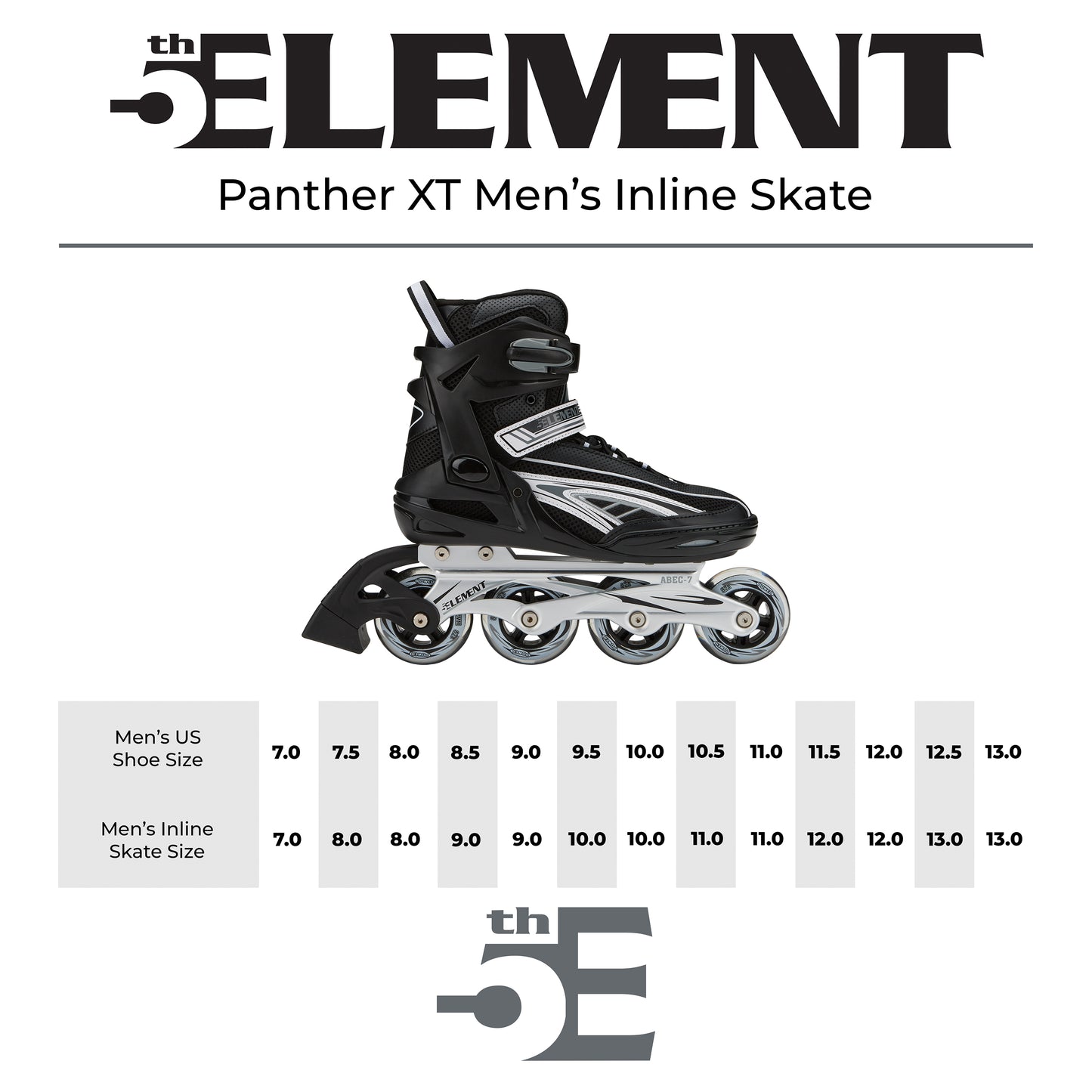 5th Element Panther Retro Inline Skates - Black/Purple - Size Chart