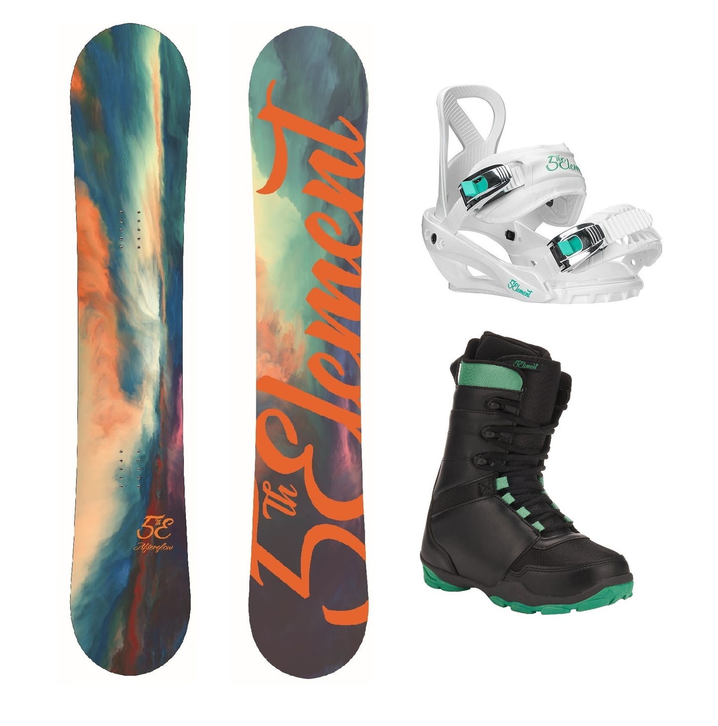 5th Element Afterglow Complete Snowboard Package - White/Teal Black