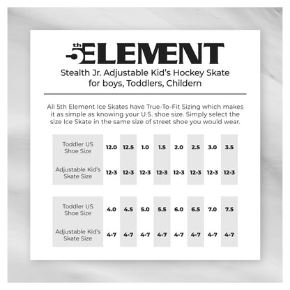 5th Element Stealth Adjustable Kids Skates Blue/Black - Size chart