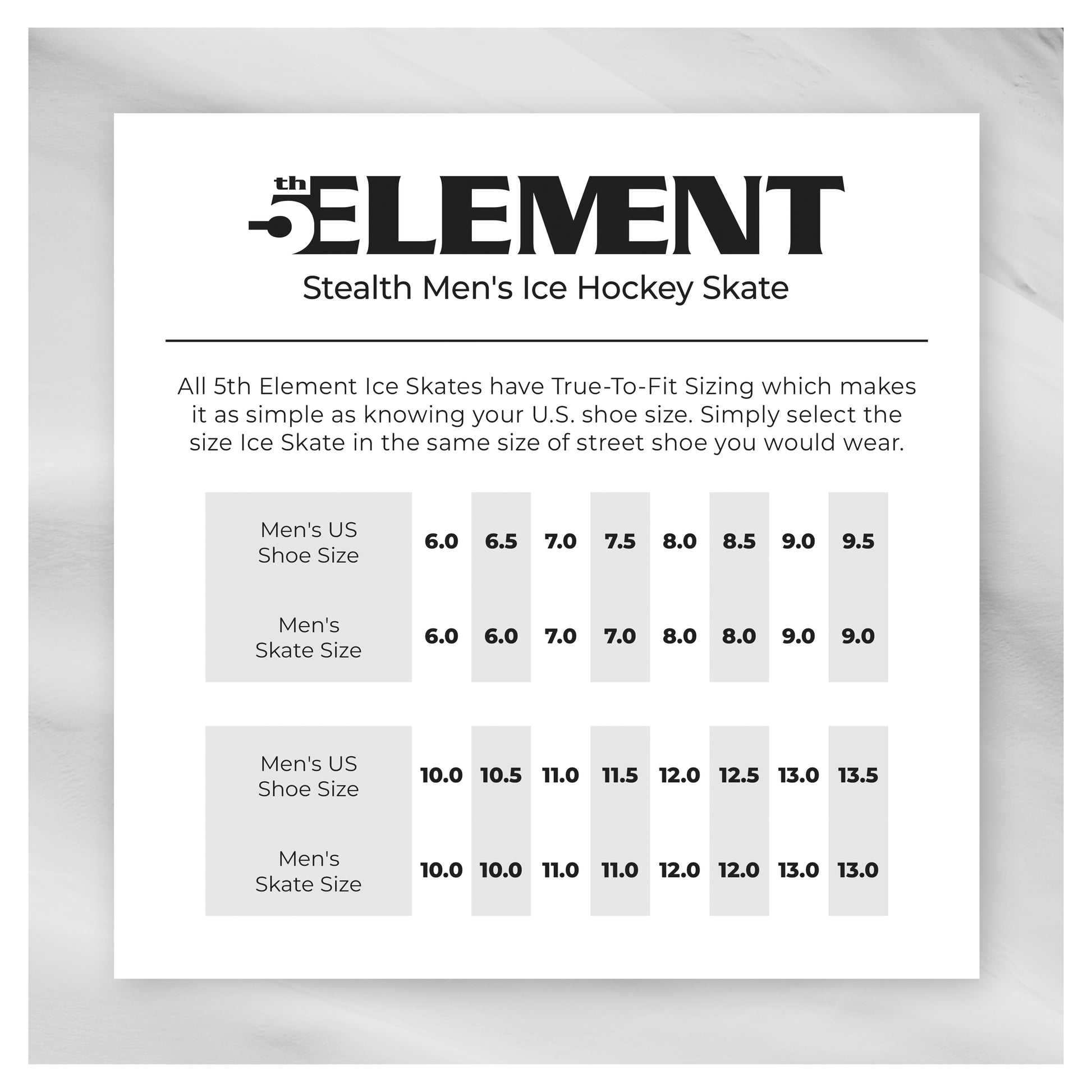 5th Element Stealth Ice Hockey Skates - Size Chart