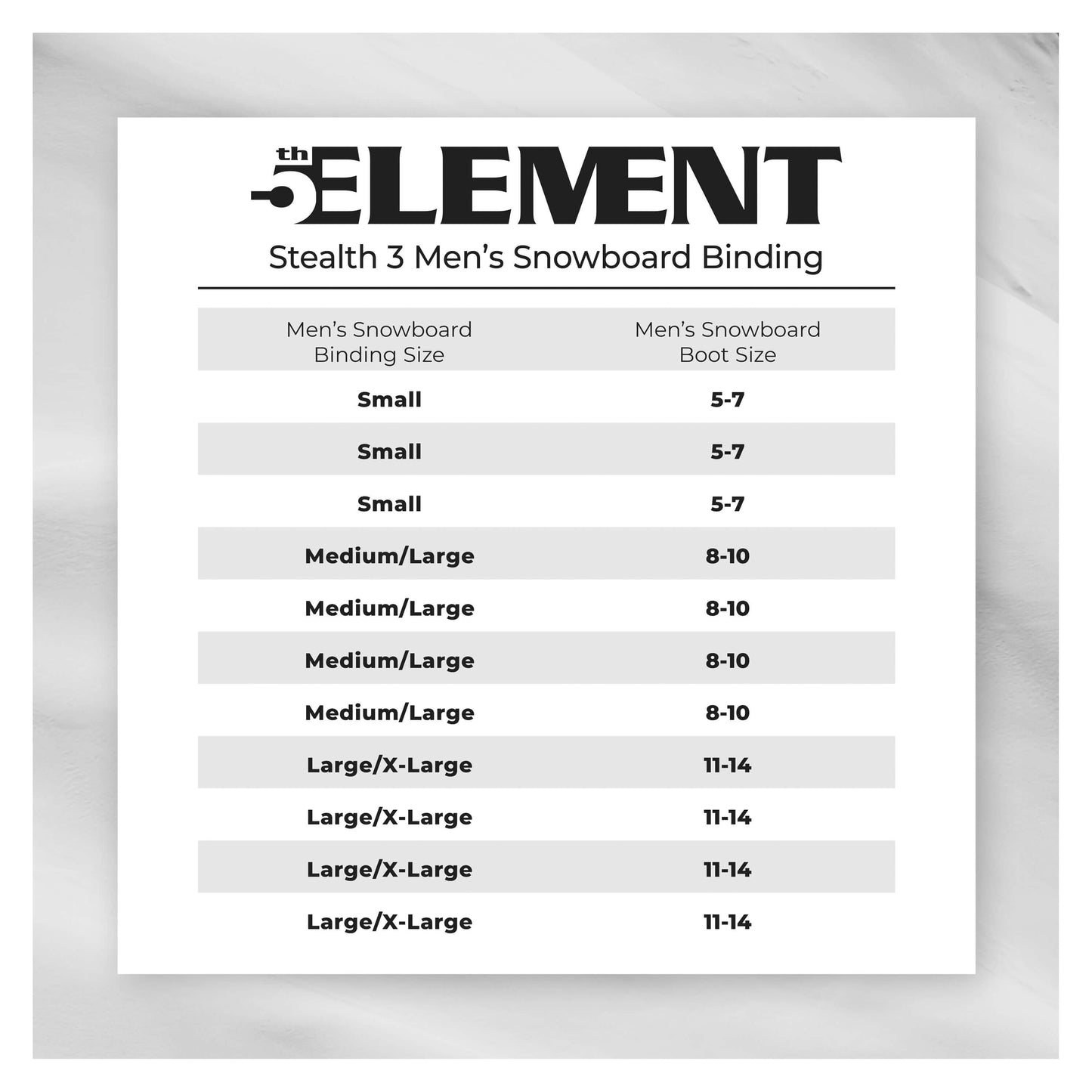 5th Element Stealth 3 Bindings Black/White - Size Chart