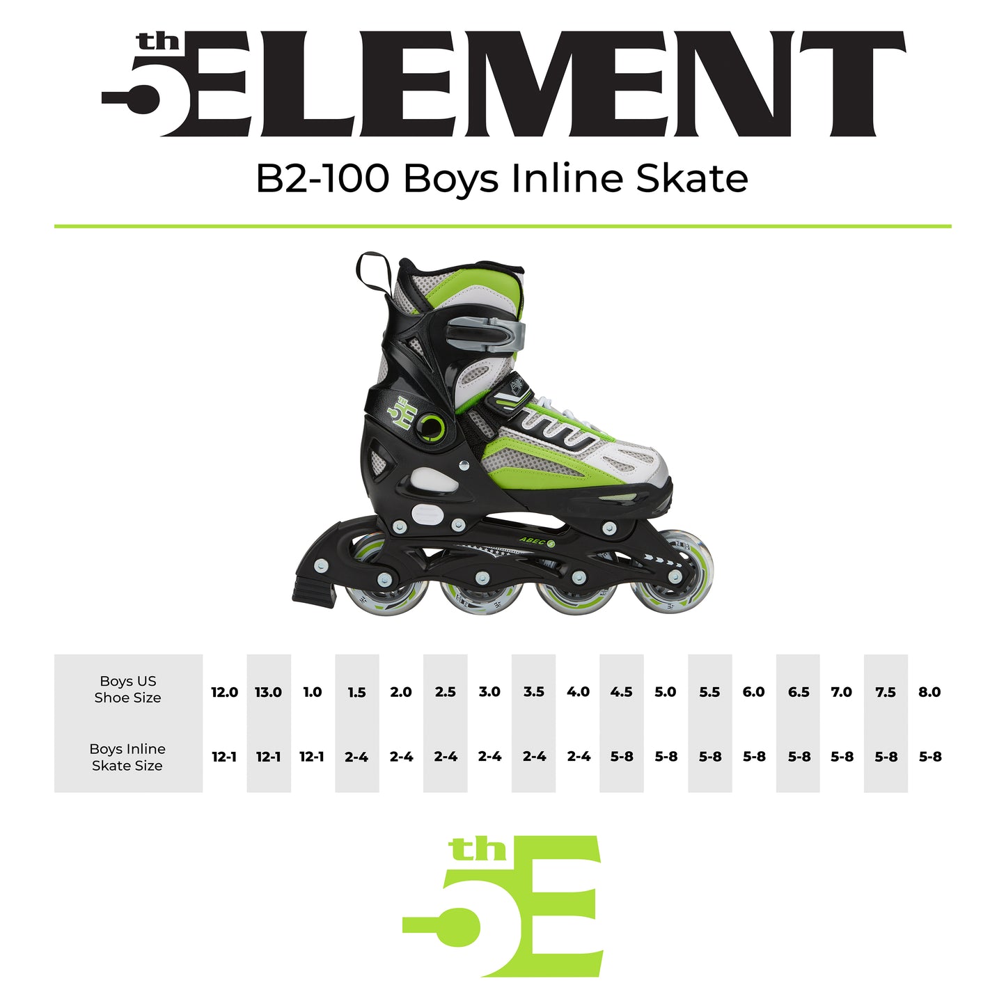 5th Element B2 100 Kids Inline Skates - Size Chart